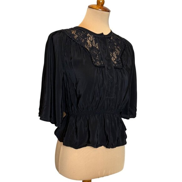 Feather Bone Anthrolpologie Lace Neck Peplum Blouse Size 2 - Picture 2 of 7